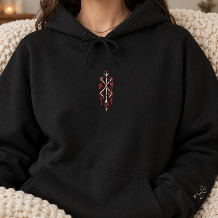 IZAVEN Floral Embroidered Hoodie with botanical floral artwork at the centre chest