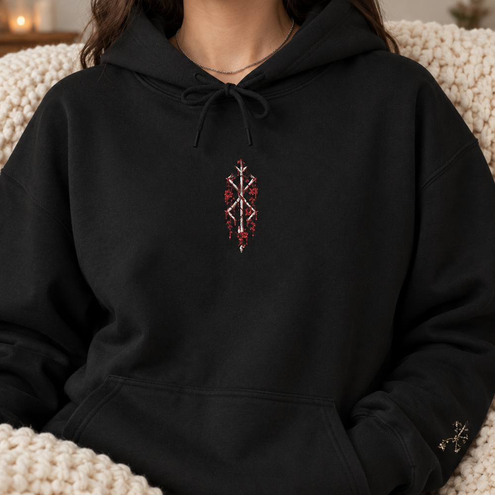 IZAVEN Floral Embroidered Hoodie with botanical floral artwork at the centre chest