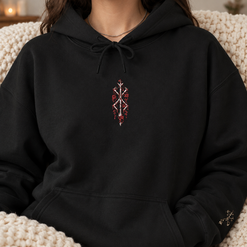 IZAVEN Floral Embroidered Hoodie with botanical floral artwork at the centre chest