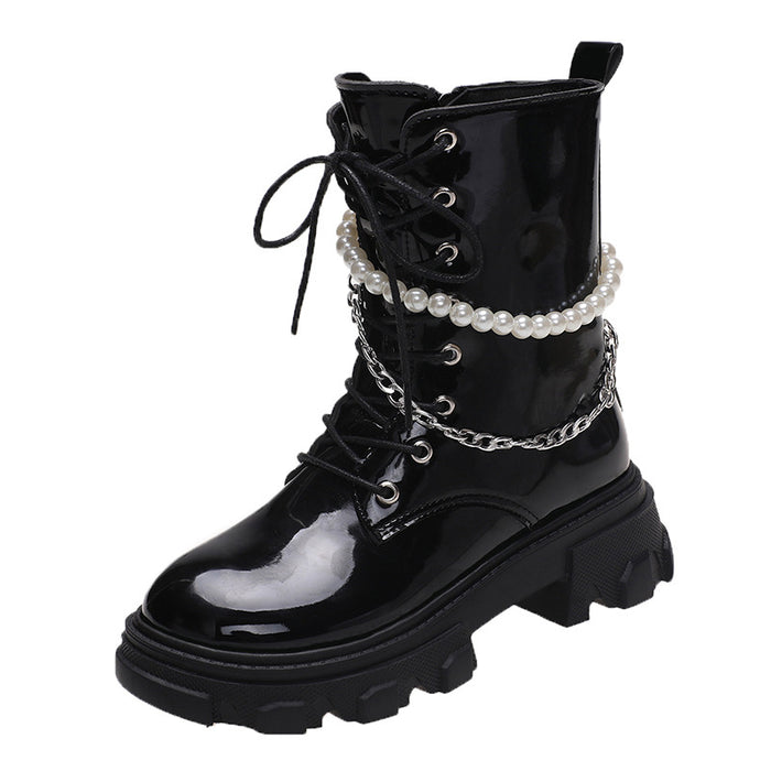 Pearl Chain Platform Ankle Boots for Women
